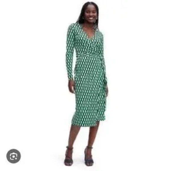 Diane‎ Von Furstenberg Midi Wrap Green Geometric Long Sleeve Dress - Picture 3 of 6